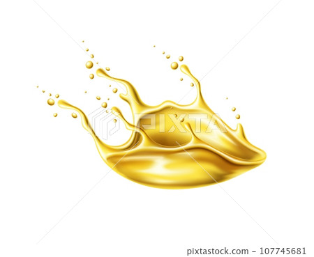 Oil flow splash with splatters. Isolated realistic 3d vector yellow swirl capturing the essence of motion in a mesmerizing liquid dance, that evoke a symphony of vibrant chaos, dynamics and energy 107745681