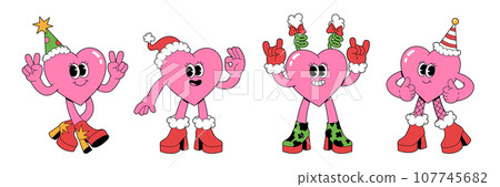 Merry Christmas and Happy New year characters in trendy groovy retro cartoon style. Happy hearts with faces in funny costumes and high heel boots. Sticker pack of comic characters. Merry Christmas and Happy New year characters in trendy groovy retro cartoon style. Happy hearts with faces in funny costumes and high heel boots. Sticker pack of comic characters. 107745682