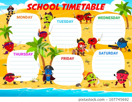 Education timetable schedule with cartoon berry pirates and corsairs on island. School vector lesson planner template with bird cherry, grape, strawberry and cranberry. Barberry, blueberry, gooseberry 107745692