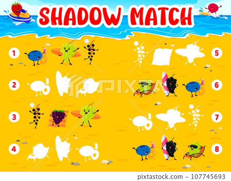 Shadow match game. Cartoon funny berry characters on summer beach. Shadow search vector quiz worksheet with strawberry, grape, blueberry and blackcurrant, gooseberry, cowberry personage on vacation 107745693