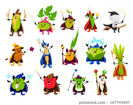 Cartoon Halloween vegetable wizards, mages and sorcerer characters. Vector corn, kohlrabi, olive and green pea. Champignon, potato, soy bean and onion. Cauliflower, asparagus or daikon with artichoke 107745697