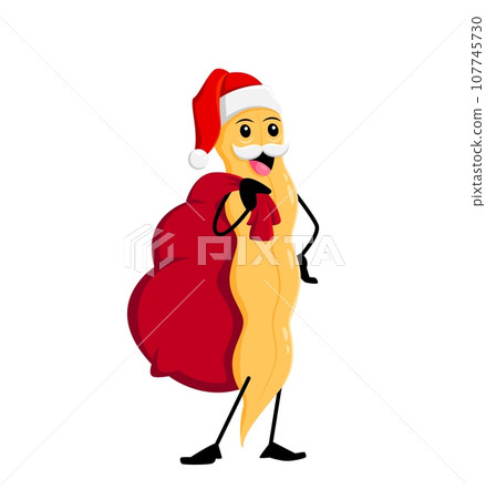 Cartoon bean vegetable character in Santa hat with gifts bag. Isolated vector Christmas Father Noel soy plant pod personage wear red hat, holding sack, deliver presents and spreading xmas festive joy 107745730