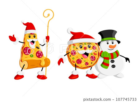 Cartoon fast food pizza Christmas characters and snowman. Isolated vector cheerful festive slice and whole pizza personages in Santa hats, celebrate jolly Xmas, spread delightful seasonal holiday joy Cartoon fast food pizza Christmas characters and snowman. Isolated vector cheerful festive slice and whole pizza personages in Santa hats, celebrate jolly Xmas, spread delightful seasonal holiday joy 107745733