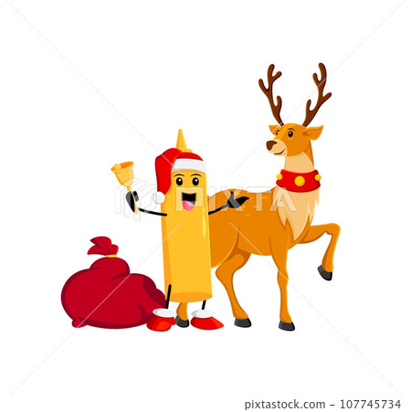 Cartoon fast food mustard and Christmas deer characters. Isolated vector reindeer and condiment bottle team up for heartwarming holiday adventures, spreading joy and merriment in a whimsical world Cartoon fast food mustard and Christmas deer characters. Isolated vector reindeer and condiment bottle team up for heartwarming holiday adventures, spreading joy and merriment in a whimsical world 107745734