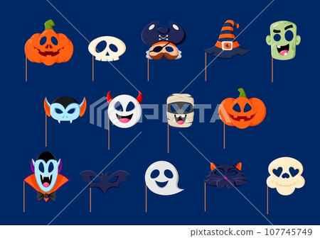 Cartoon halloween photo booth masks with props. Isolated vector set pumpkin face, skull, pirate and witch hat. Monster, vampire, mummy or devil, ghost, black cat and bat spooky personages face masks Cartoon halloween photo booth masks with props. Isolated vector set pumpkin face, skull, pirate and witch hat. Monster, vampire, mummy or devil, ghost, black cat and bat spooky personages face masks 107745749