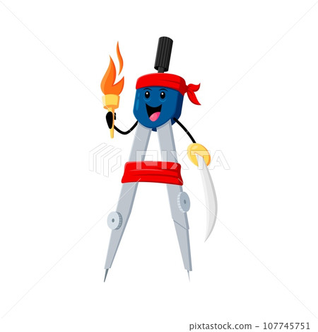 Cartoon compass or divider school supply pirate and corsair character holding a flickering torch. Isolated vector learning tool personage in swashbuckling attire embarks on adventures in the high seas Cartoon compass or divider school supply pirate and corsair character holding a flickering torch. Isolated vector learning tool personage in swashbuckling attire embarks on adventures in the high seas 107745751