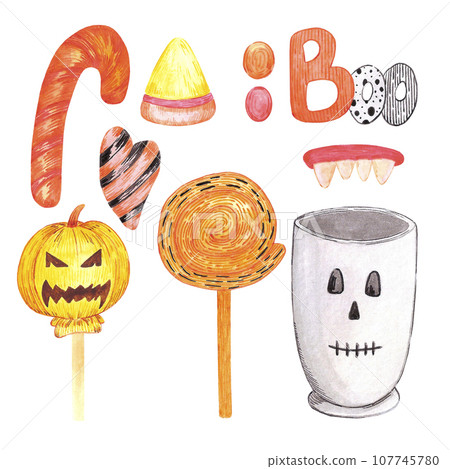 Hand drawn watercolor halloween treats. Illustration isolated on white background. Can be used for cards, labels, banner and other printed products. Hand drawn watercolor halloween treats. Illustration isolated on white background. Can be used for cards, labels, banner and other printed products. 107745780