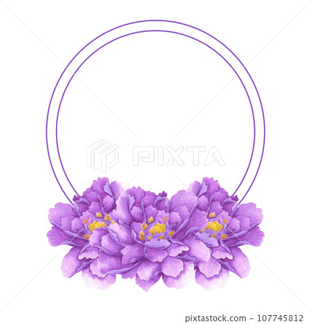 Hand drawn watercolor purple peony frame border isolated on white background. Can be used for invitation, postcard, poster, book decoration and other printed products. Hand drawn watercolor purple peony frame border isolated on white background. Can be used for invitation, postcard, poster, book decoration and other printed products. 107745812