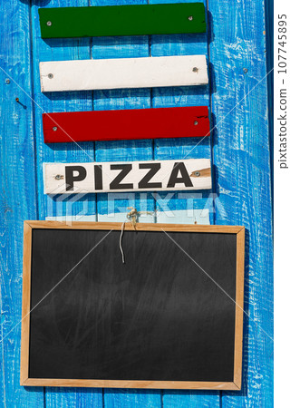 Template for a Italy Pizza Menu with Empty Blackboard and Italian Flag 107745895