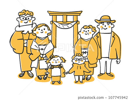 一家三代一起在鳥居門前參拜神社插畫素材 107745942