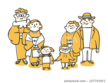 Three generations of the family come together to visit the shrine in New Year's formal attire illustration material 107745951