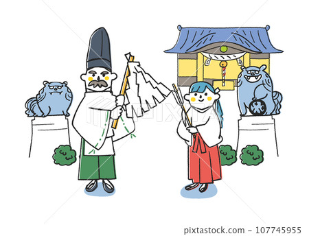 站在神社前的神父和巫女插畫素材 107745955