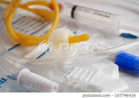Foley catheter and urine drainage bag collect urine for disability or patient in hospital. 107746426