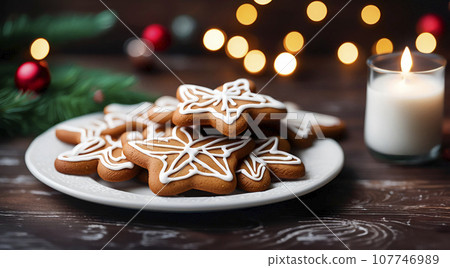 Christmas homemade gingerbread cookies on wooden table 107746989