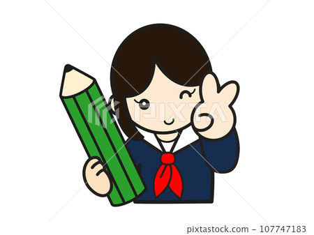 Female student with peace sign holding a pencil Female student with peace sign holding a pencil 107747183