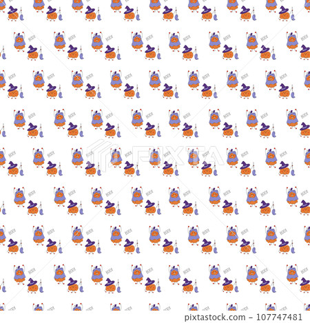 Seamless pattern with two cute Halloween characters pumpkins with phrase boo in comic cloud. Color vector flat illustration. Seamless pattern with two cute Halloween characters pumpkins with phrase boo in comic cloud. Color vector flat illustration. 107747481
