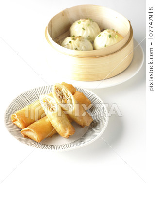 Fried spring rolls and piping hot xiao long bao in a steamer basket Fried spring rolls and piping hot xiao long bao in a steamer basket 107747918
