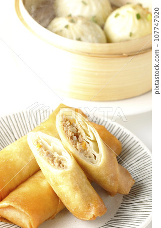 Fried spring rolls and piping hot xiao long bao in a steamer basket 107747920