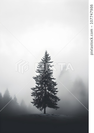 Pine trees in the fog - dark forest with dramatic light - generative AI 107747986