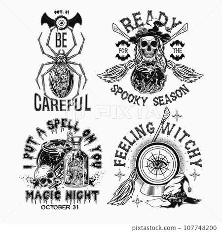 Set of halloween labels with monsters, steampunk mechanical spider, skull, witch cauldron, magic ball, broom. Text made of bones. Monochrome illustrations on white in vintage style 107748200