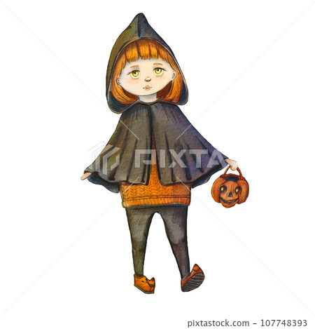 Cute Halloween witch painted in watercolor. Illustration of a fairy girl in cartoon style. A girl in a raincoat with orange hair. The drawing is suitable for decorating a party, a holiday, a poster Cute Halloween witch painted in watercolor. Illustration of a fairy girl in cartoon style. A girl in a raincoat with orange hair. The drawing is suitable for decorating a party, a holiday, a poster 107748393