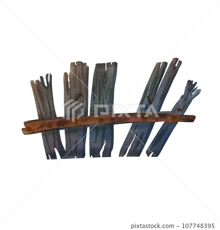 An old wooden fence on a white background. Watercolor illustration of a rustic fence made of planks. Scary Halloween object at home. The drawing is suitable for postcards, compositions, design An old wooden fence on a white background. Watercolor illustration of a rustic fence made of planks. Scary Halloween object at home. The drawing is suitable for postcards, compositions, design 107748395