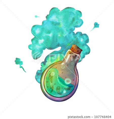 A potion in a bottle against a background of green smoke. Watercolor illustration of poison in a bottle. A magic flask. A witch's potion, an elixir. Halloween collection. Suitable for compositions A potion in a bottle against a background of green smoke. Watercolor illustration of poison in a bottle. A magic flask. A witch's potion, an elixir. Halloween collection. Suitable for compositions 107748404