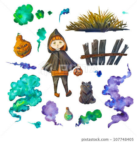 A set with a witch, a cat. pumpkin and magic smoke for halloween. Watercolor illustration for the feast of the dead. Dry grass and an old wooden fence. Scary pumpkin Jack. Suitable for design A set with a witch, a cat. pumpkin and magic smoke for halloween. Watercolor illustration for the feast of the dead. Dry grass and an old wooden fence. Scary pumpkin Jack. Suitable for design 107748405