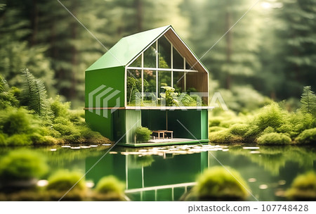 House in the forest on a lake, on a green natural forest background. Family symbol, mortgage, real estate concept. Eco-friendly house. copy space. This photo was generated using Playground AI 107748428