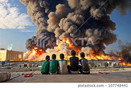 Powerful explosions, fire and smoke over Arab buildings. Israel war with Hamas and Hezbollah. Palestinian children watch bombing of Gaza Strip. Generative AI 107748441