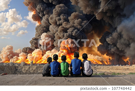 Powerful explosions, fire and smoke over Arab buildings. Israel war with Hamas and Hezbollah. Palestinian children watch bombing of Gaza Strip. Generative AI 107748442