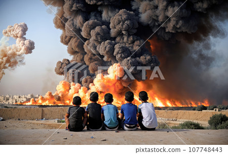 Powerful explosions, fire and smoke over Arab buildings. Israel war with Hamas and Hezbollah. Palestinian children watch bombing of Gaza Strip. Generative AI 107748443