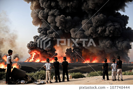 Powerful explosions, fire and smoke over Arab buildings. Israel war with Hamas and Hezbollah. Palestinian children watch bombing of Gaza Strip. Generative AI 107748444