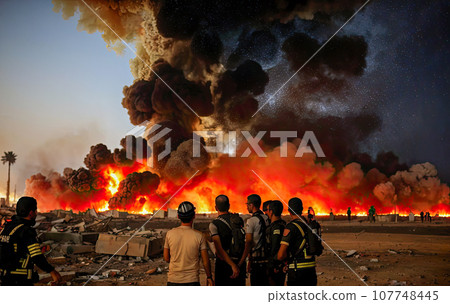 Powerful explosions, fire and smoke over Arab buildings. Israel war with Hamas and Hezbollah. Palestinian people watch bombing of Gaza Strip. Generative AI 107748445