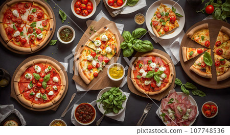 Top view on buffet of delicious freshly prepared pizza and european cuisine dishes. Variety of pizzas on the restaurant table. Generative AI 107748536
