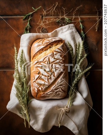 Freshly baked bread on rustic wooden table, homemade crisp bread Freshly baked bread on rustic wooden table, homemade crisp bread 107748637
