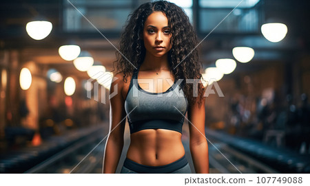 Beautiful dark-skinned girl of athletic build in sports top on the background of sports equipment 107749088