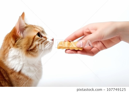 A hand gives a treat to a golden cat on a white background. A hand gives a treat to a golden cat on a white background. 107749125