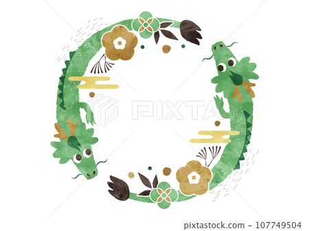 龍和新年裝飾水彩畫框（圓框）_綠色 107749504