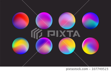 3d abstract hologram liquid surface collection. Round iridescent shiny fluid holographic texture space neon icons set. Bright color circles. Vector illustration 107749523
