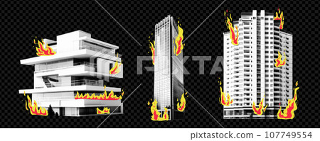 Kit with collage elements of houses in halftone style. Skyscrapers cut out from magazine with colorful fire doodles on transparent background. Vector trendy illustration Kit with collage elements of houses in halftone style. Skyscrapers cut out from magazine with colorful fire doodles on transparent background. Vector trendy illustration 107749554