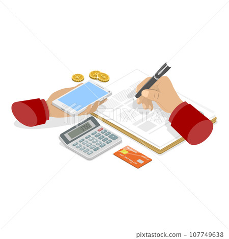 3D Isometric Flat Vector Set of Hands Writing Something in Notepad and Drawing in Sketchbook. Item 1 107749638