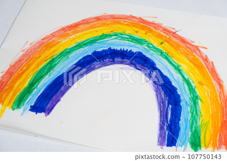 Drawing of a 6 year old child - a rainbow drawn with felt-tip pens in a sketchbook Drawing of a 6 year old child - a rainbow drawn with felt-tip pens in a sketchbook 107750143