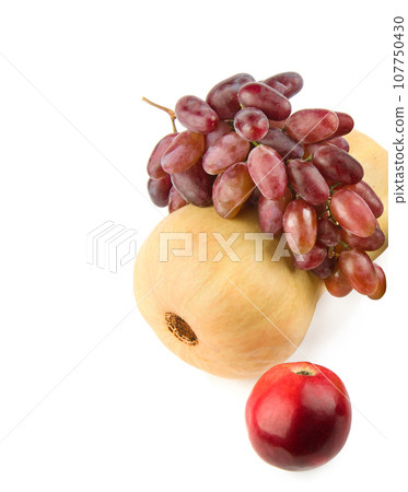 Set of fruits isolated on white. Free space for text. Vertical photo. Set of fruits isolated on white. Free space for text. Vertical photo. 107750430