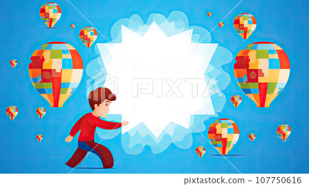 An illustrated picture depicting colorful hot balloons from puzzles and a boy suffering from autism syndrome, going forward despite difficulties. generated AI An illustrated picture depicting colorful hot balloons from puzzles and a boy suffering from autism syndrome, going forward despite difficulties. generated AI 107750616