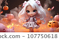 Illustration of doll surrounded by carved Halloween pumpkins and gray mist. generated  AI 107750618