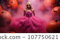 Huge carved Halloween pumpkins fly in haze around a witch woman in a pink dress. generated  AI 107750621