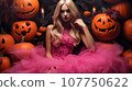 Girl in lush bright pink dress sits on throne decorated with Halloween pumpkins. generated  AI 107750622