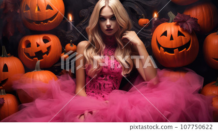 Girl in lush bright pink dress sits on throne decorated with Halloween pumpkins. generated  AI 107750622
