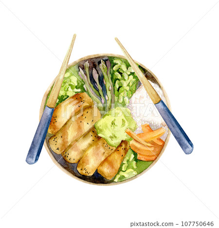 Watercolor asian traditional poke. Rice bowl with green beans, carrot, abocado, meat and asparagus. Hand drawn, isolated food illustration for restaurant, menu, cafe, logo design 107750646